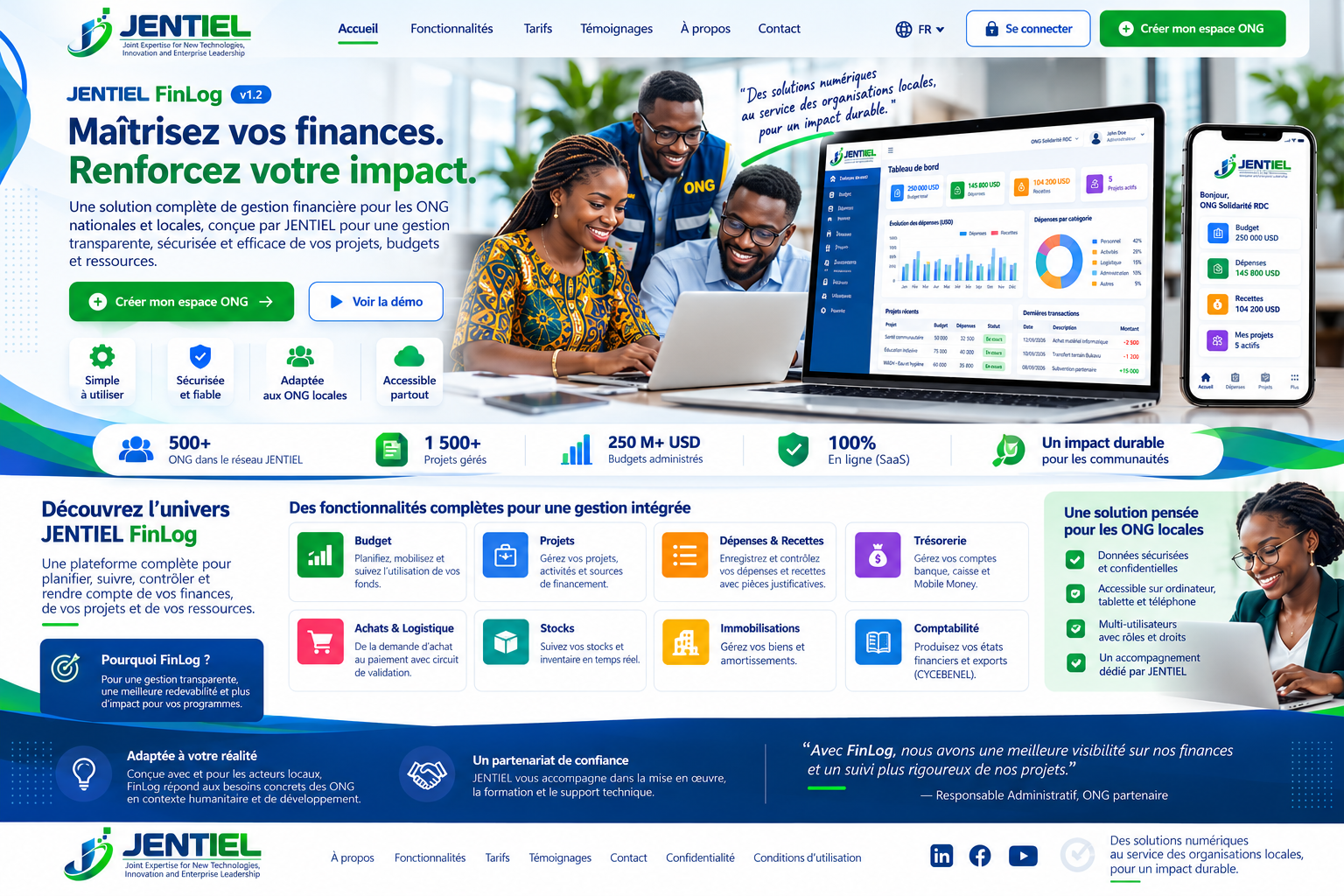 Présentation visuelle de JENTIEL FinLog : portail, tableau de bord, modules et usages